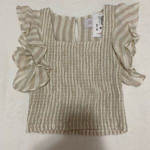 NWT cream/beige striped smocked ruffle sleeve top